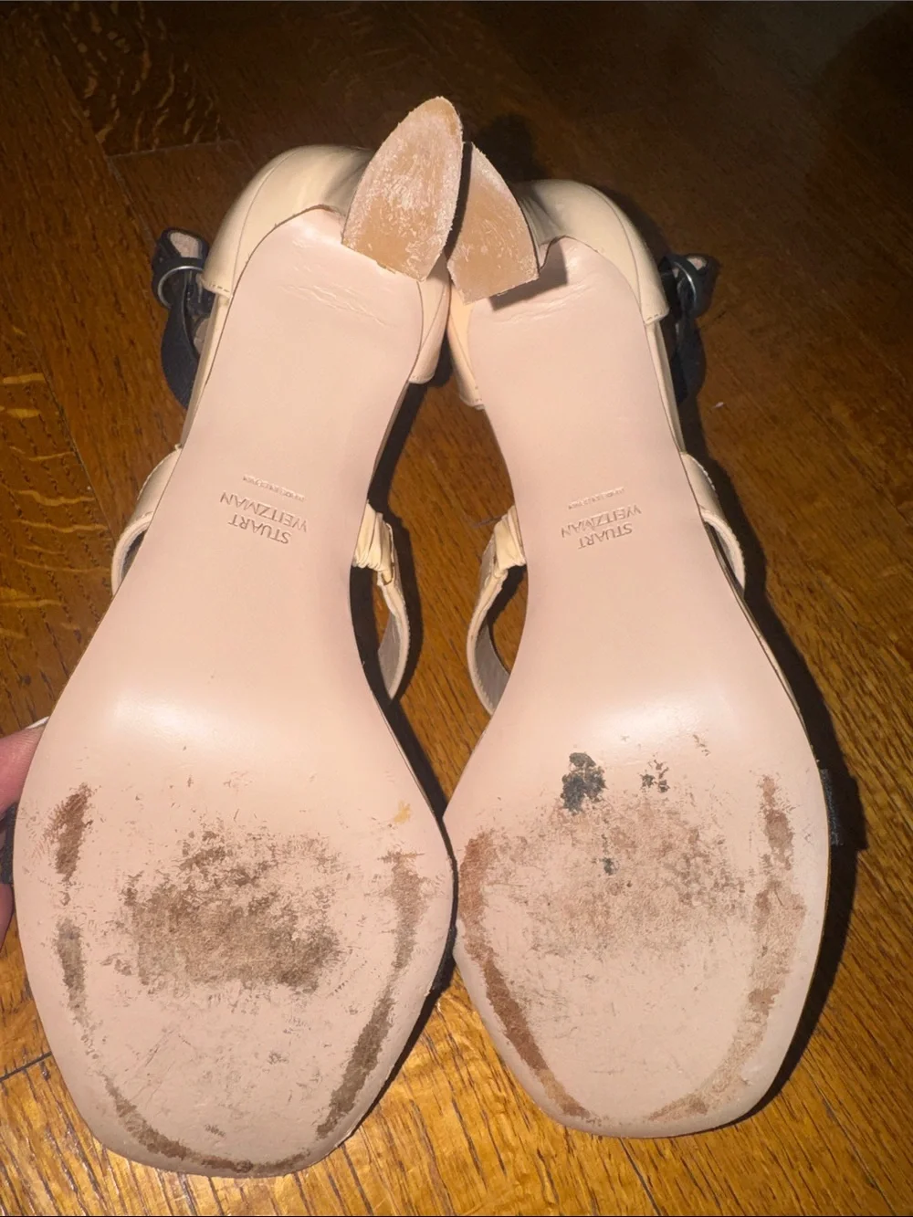 Stuart Weitzman Beige and Black Ankle-Strap Bow Sandals